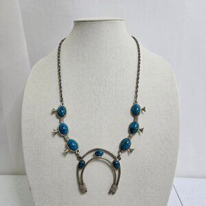 Vintage Faux Turquoise Squash Blossom Silver Tone Necklace Boho Southwest Big